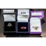 Collection of Three 9ct Gold Dress Rings, set with pink and red stones, two with diamond chips.