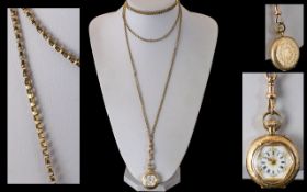 Victorian Period Superb Quality 9ct Gold Muff Chain, Marked 9ct. With Attached Ladies 14ct Gold