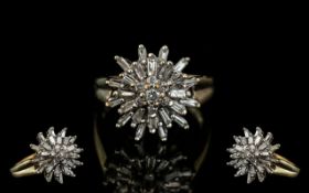 A 9ct Diamond Cluster Ring, set with round brilliant and baguette cut diamonds,