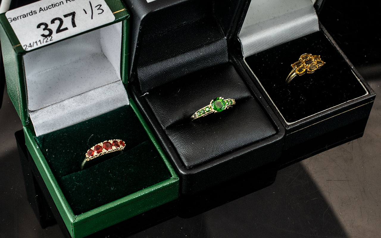 Three 9ct Gold Dress Rings, set with Citrine, Garnet and green Tourmaline coloured stones. - Image 2 of 2