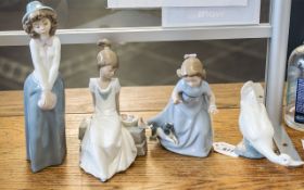 Four Nao Figurines, comprising a girl in hat, a goose,