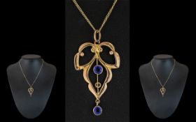 Victorian Period Attractive Ladies 9ct Gold Open Worked Pendant set with blue Sapphires,