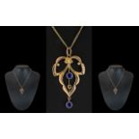 Victorian Period Attractive Ladies 9ct Gold Open Worked Pendant set with blue Sapphires,