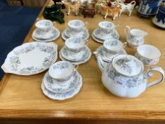 Royal Albert Silver Maple Part Dinner Set to include a teapot, sandwich/cake plate, six side plates,