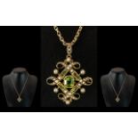 Antique Period Superb Quality 15ct gold Peridot & Seed Pearl Set Openworked Pendant Brooch.
