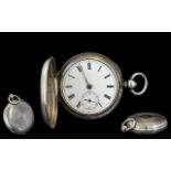 Victorian Period Sterling Silver Full Hunter Keyless Pocket Watch, with white porcelain dial.