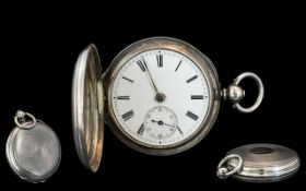 Victorian Period Sterling Silver Full Hunter Keyless Pocket Watch, with white porcelain dial.