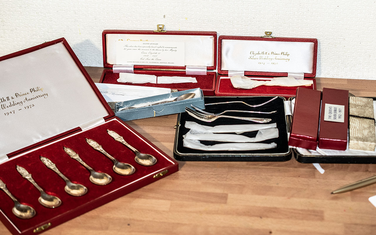 A Collection Of Boxed Flatware To Include, Six Silver Cake Forks, Six Silver Teaspoons,