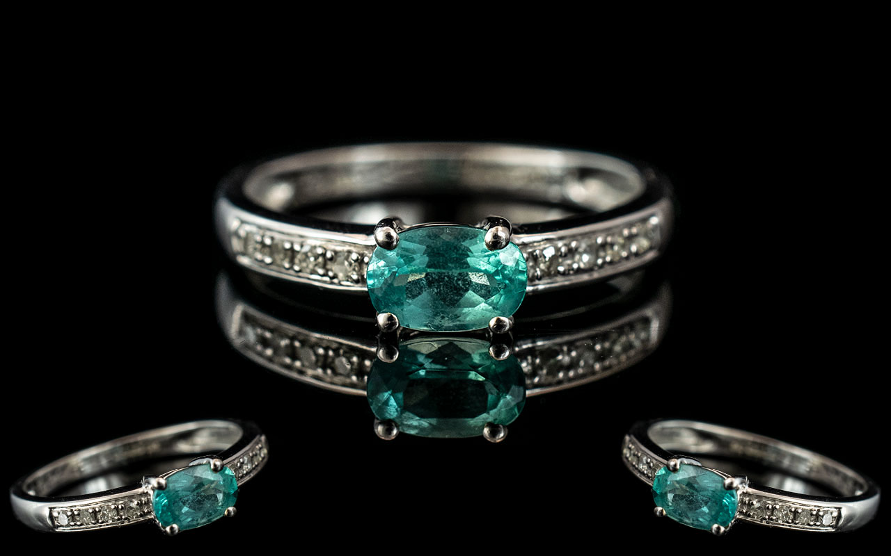 Ladies - Attractive 9ct Gold Diamond and Aquamarine Set Ring. Full Hallmark to Interior of Shank.