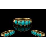18ct Gold Antique Ring, set with five oval Turquoise between rose cut diamond spacers (one missing),