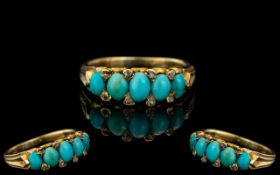 18ct Gold Antique Ring, set with five oval Turquoise between rose cut diamond spacers (one missing),