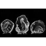Three Mats Jonasson Glass Sculptures, all signed to base, depicting an otter, polar bear and