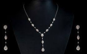 Ladies Stunning 18ct White Gold Diamond Set Necklace with Drop, With a Matching Pair of Superb