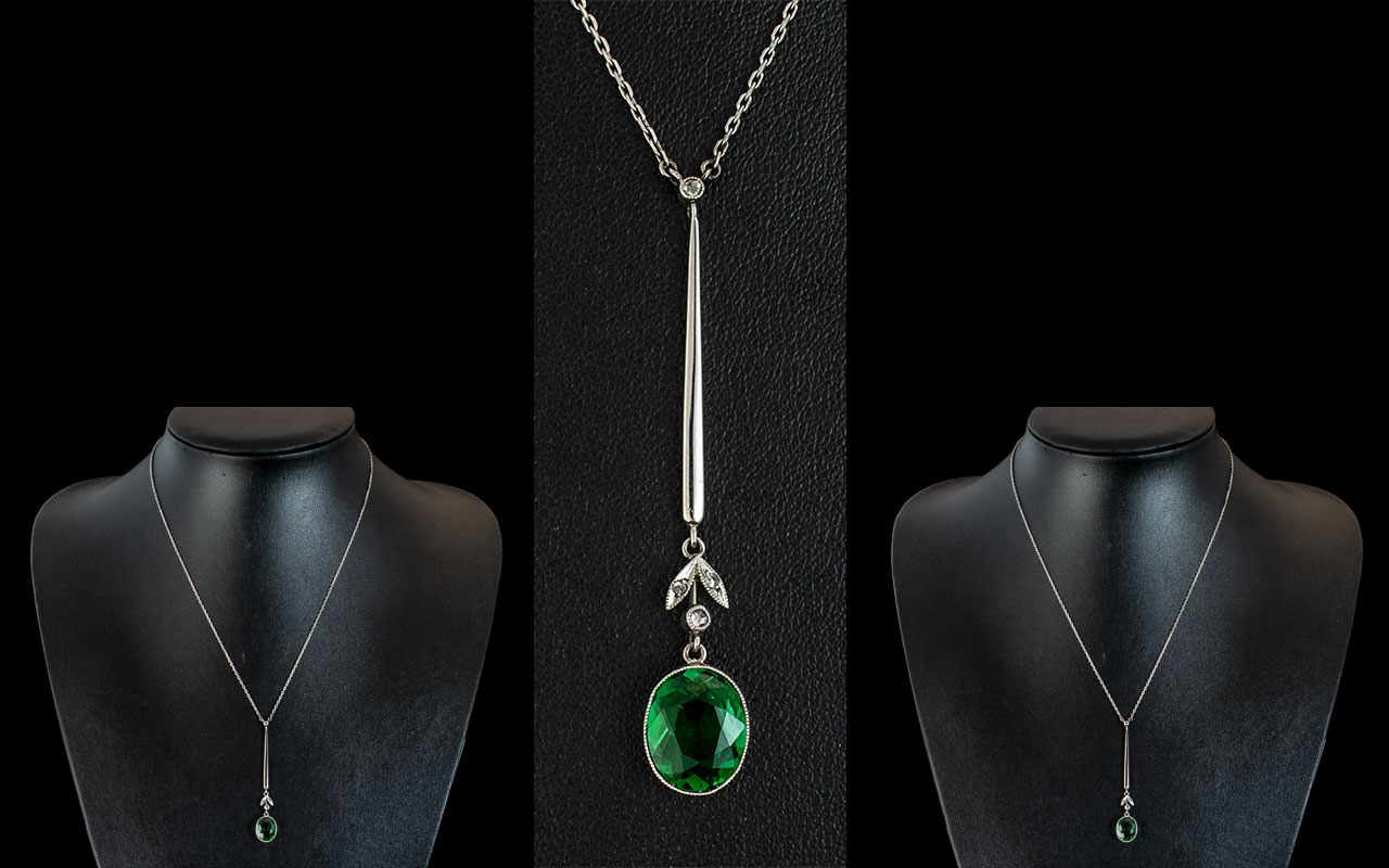 Ladies Attractive & Contemporary 9ct White Gold Faceted Green Stone & Diamond Set Pendant Drop, with