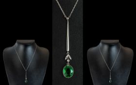 Ladies Attractive & Contemporary 9ct White Gold Faceted Green Stone & Diamond Set Pendant Drop, with