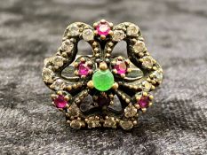 Indian Silver Ring, set with small stones of emerald, rubies and topaz.