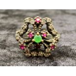 Indian Silver Ring, set with small stones of emerald, rubies and topaz.