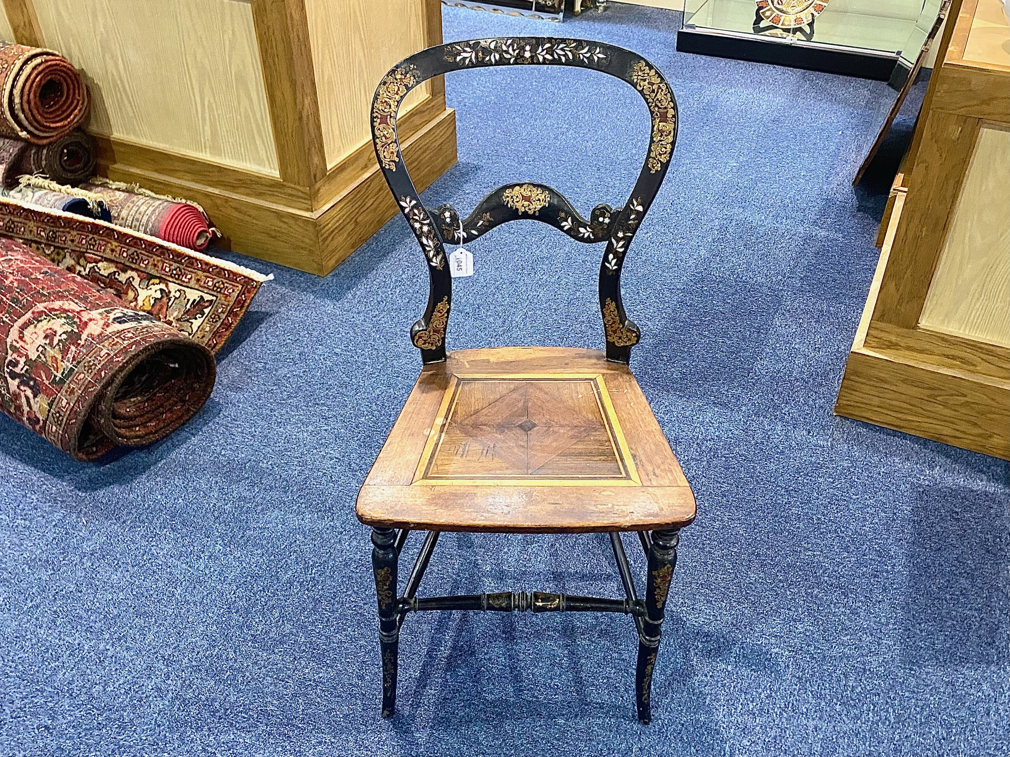 Arts & Crafts Black Lacquered Chair, back inlaid with mother-of-pearl and gilt and red hand