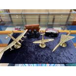 Three Brass Model Desktop Airplanes comprising Concorde, Lancaster Bomber & Spitfire, longest