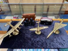 Three Brass Model Desktop Airplanes comprising Concorde, Lancaster Bomber & Spitfire, longest