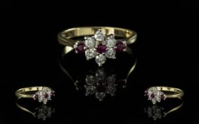 Ladies 18ct Gold Attractive / Exquisite Rubies and Diamond Cluster Ring. Flower head Design. Full