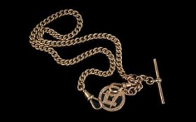 Victorian Period 9ct Gold Albert Watch Chain with Attached T-Bar and Masonic Medal, Twin Lobster