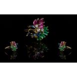 18ct Gold Superb Emerald & Diamond, Ruby and Sapphire Set Dress Ring, in flower head design.