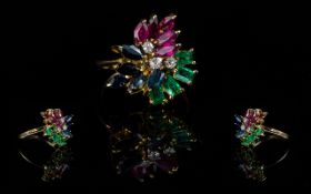 18ct Gold Superb Emerald & Diamond, Ruby and Sapphire Set Dress Ring, in flower head design.