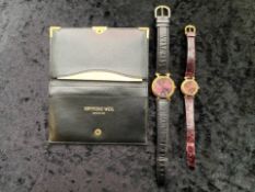 Two Raymond Weil Watches, his and hers gold plated wrist watches, Model 9136 and 9936. Burgundy