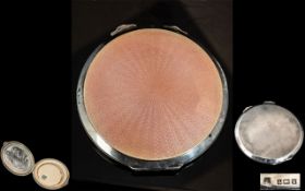 Art Deco Period Pink Enamel and Sterling Silver Compact Case of Circular Form with Full Hallmark.