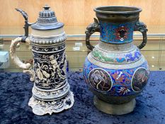 Chinese Archaic Style Vase, with cloisonne decoration, together with a German pottery stein with