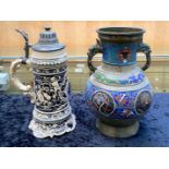 Chinese Archaic Style Vase, with cloisonne decoration, together with a German pottery stein with