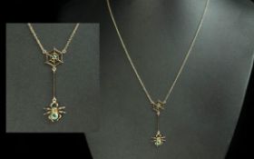 Antique Period Novelty 9ct Gold Pendant / Drop Necklace In the Form of a Spiders Web and Spider