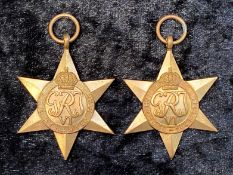 Two WWII Star Medals, comprising the 1939-1945 Star, and the Atlantic Star.