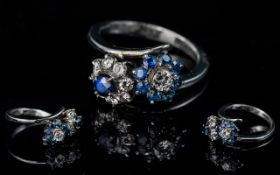 18ct White Gold Attractive Sapphire & Diamond Set Double Flower Head Design Dress Ring - Marked 18ct