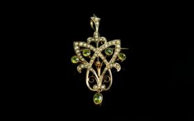 Edwardian Period Superb 9ct Gold Open worked Pendant / Brooch. Set with Peridots and Seed Pearls.