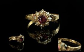 Antique Period - Attractive 15ct Gold Amethyst and Seed Pearl Set Ring. Very Ornate Setting Which