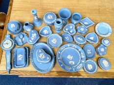 Quantity of Wedgwood Blue Jasperware Porcelain, approx 35 pieces, comprising cabinet plates, a