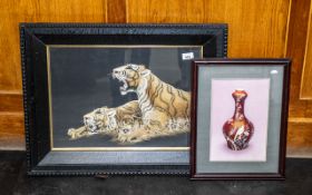 Large Oriental Silk Stitch of Two Tigers, mounted, glazed and framed in black contemporary frame,