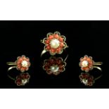 Ladies - Attractive 9ct Gold Coral and Pearl Set Ring. Flower head Design. Full Hallmark to Interior