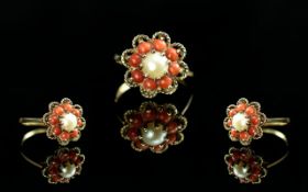 Ladies - Attractive 9ct Gold Coral and Pearl Set Ring. Flower head Design. Full Hallmark to Interior