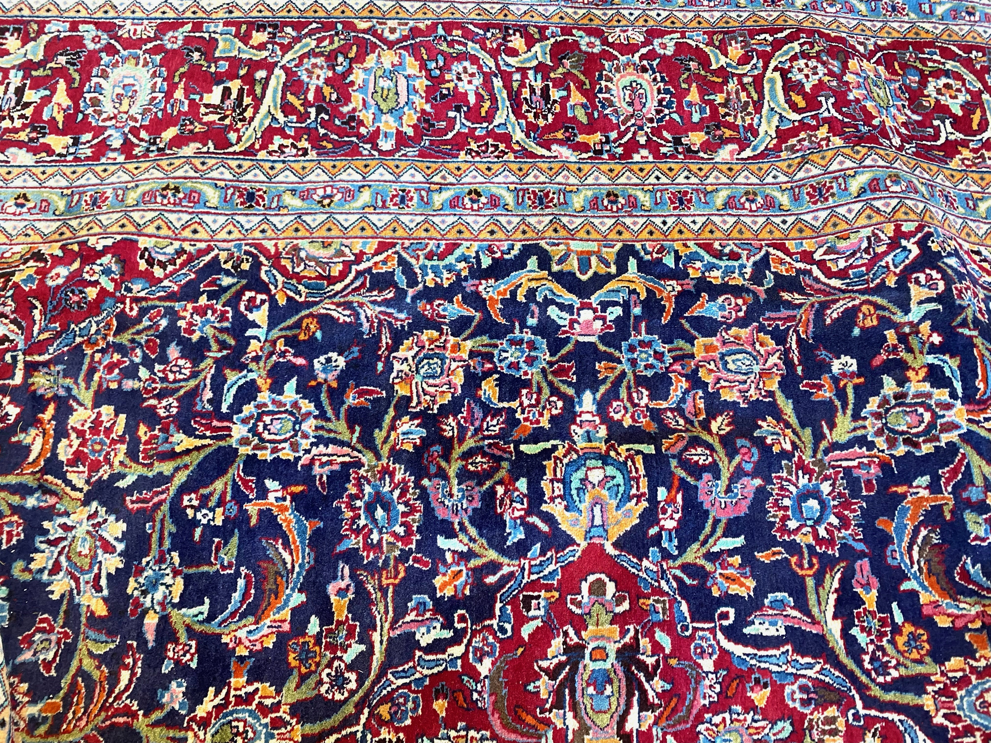 Large Blue Ground Persian Kashan Carpet, multi coloured with central floral medallion design. - Image 4 of 4