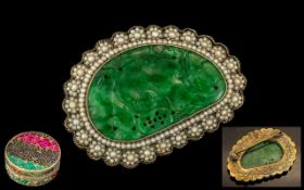 Antique Period Superb Chinese Export Carved Jade & Seed Pearl Set Brooch. with silver marked to back