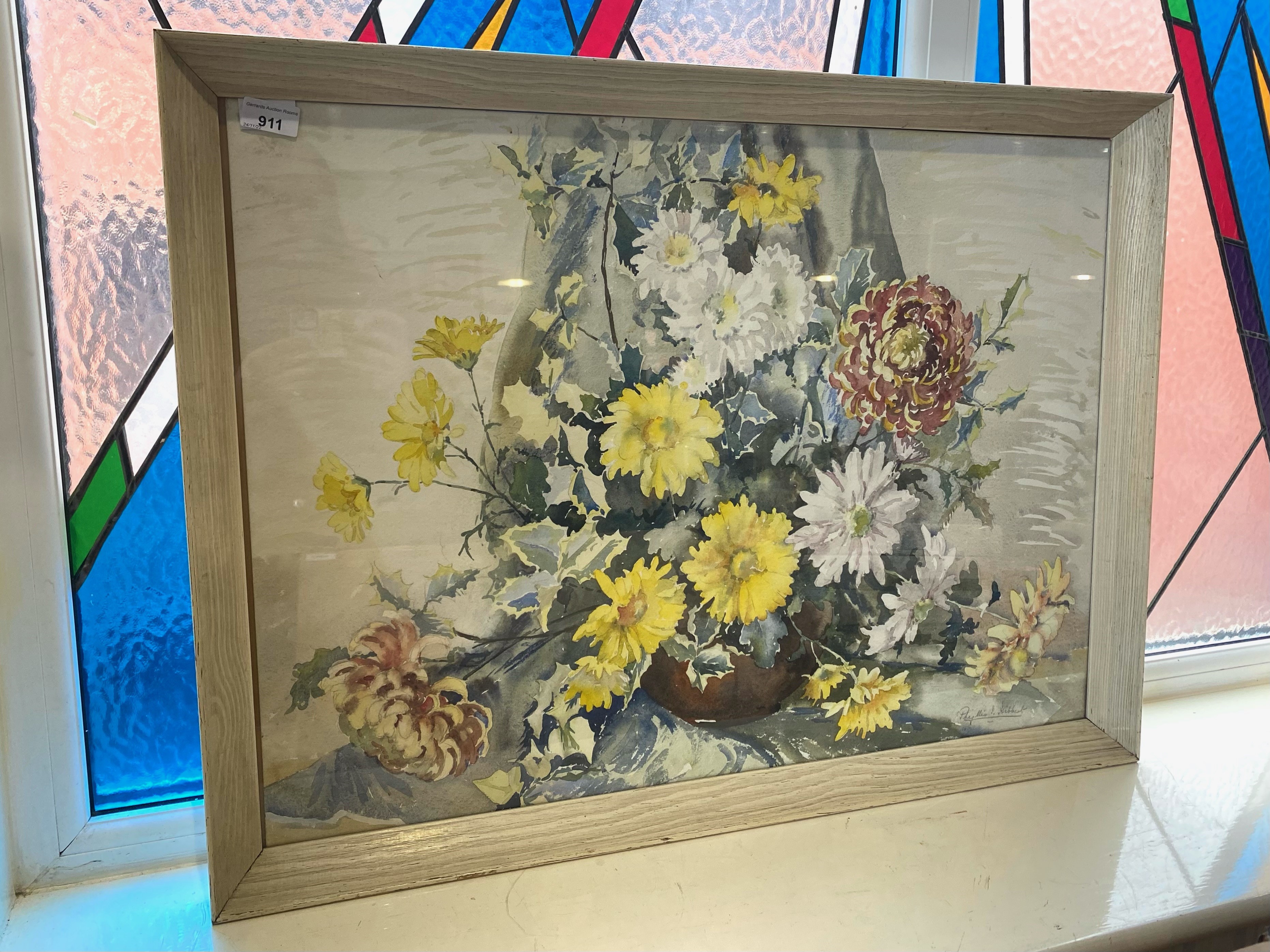 Watercolour Signed Phyllis I. Hibbert, Glass Framed. Subject - ' Chrysanthemums ' Signed to Front. - Image 2 of 3