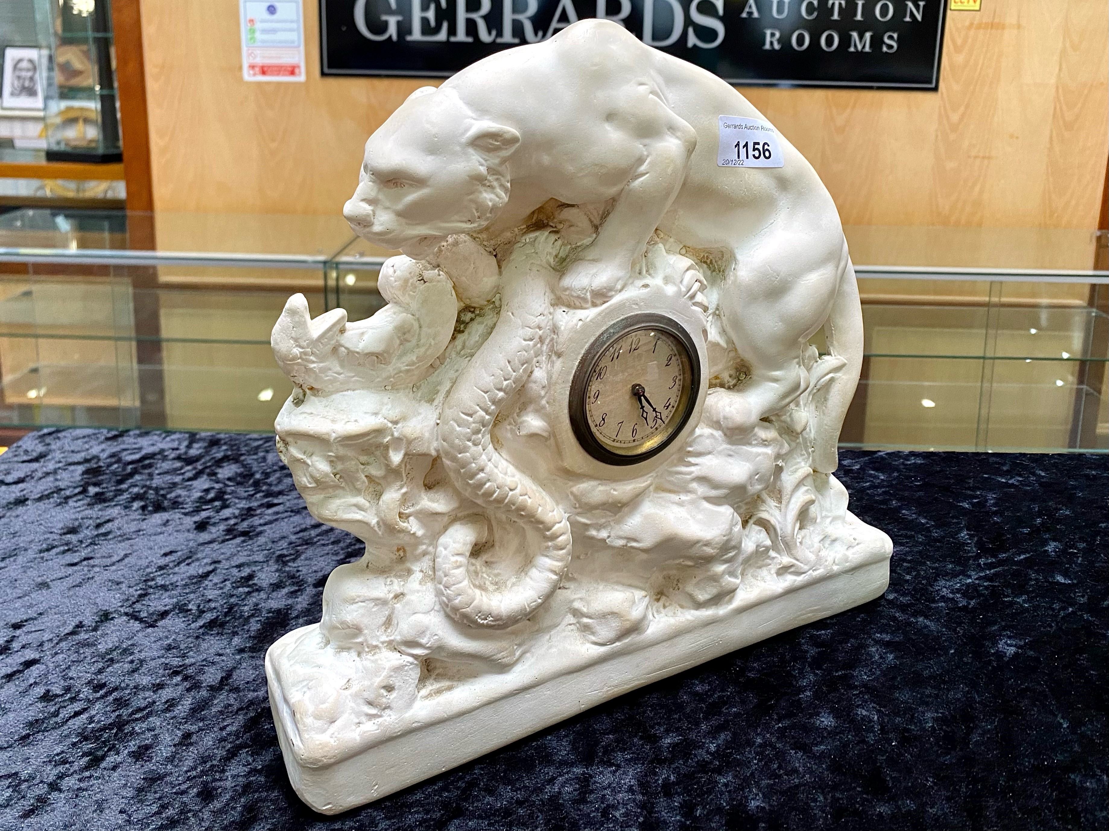 A Panther and Snake Alabaster Base with a Central Clock (1920's) number RD803644 marked OP267. - Image 2 of 4