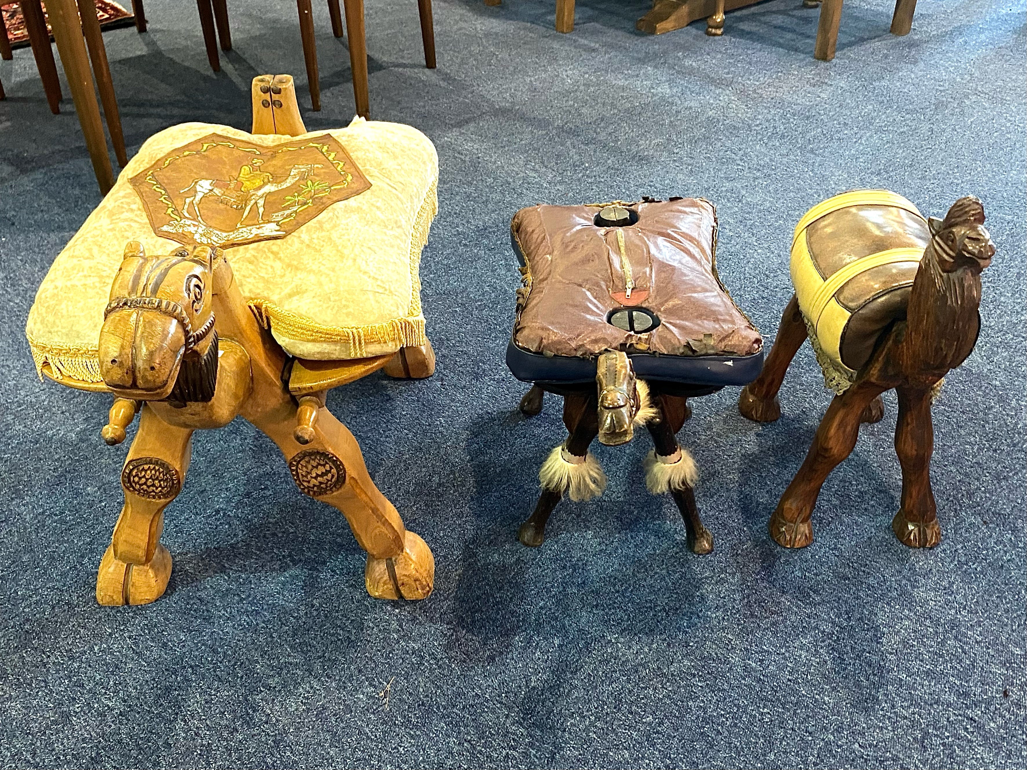 A Collection Of Three Camel Stools All Three Of Various Designs Of A Wooden Construction With Padded - Image 3 of 5