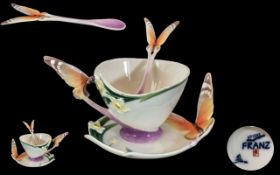 Franz - Hand Painted Porcelain Butterfly Cup and Saucer. Butterfly and Flowers Design. Ref No
