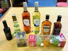 A Collection of Alcoholic Drinks including Raynal & Cie Three Barrels Brandy, Jack Daniels Whisky,