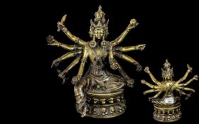 Tibetan 19th Century Cast Bronze Deity Figure of ' Namasangiti ' Manjushri, With 10 Arms and 5