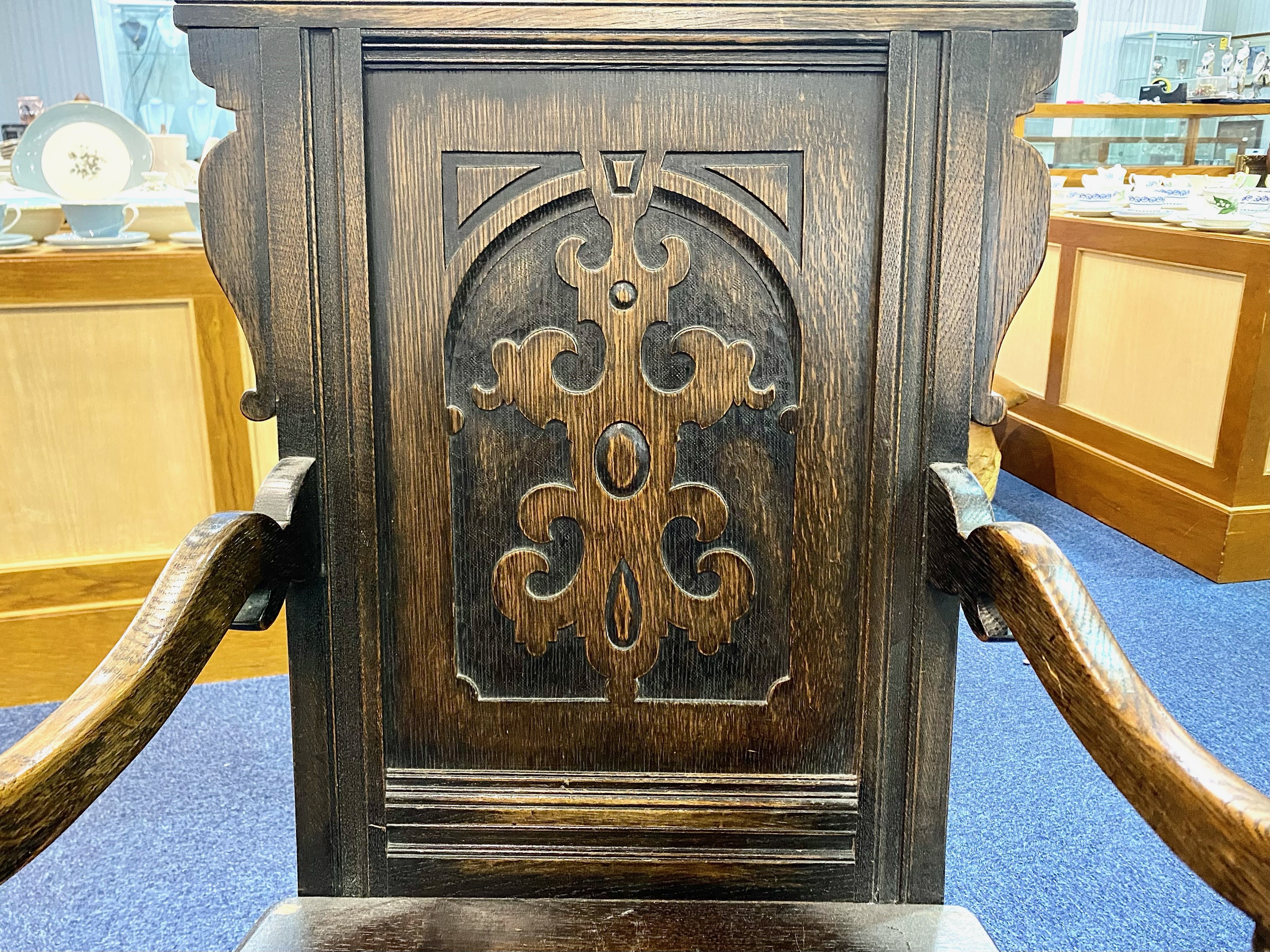 A Turn of The Century Gothic Style Oak Hall Chair 41 inches high by 21 inches wide. - Image 3 of 4